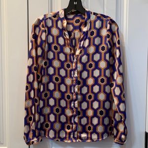 THE LIMITED Retro Geometric Print Mustard Yellow Blue Button Down Blouse Top XS